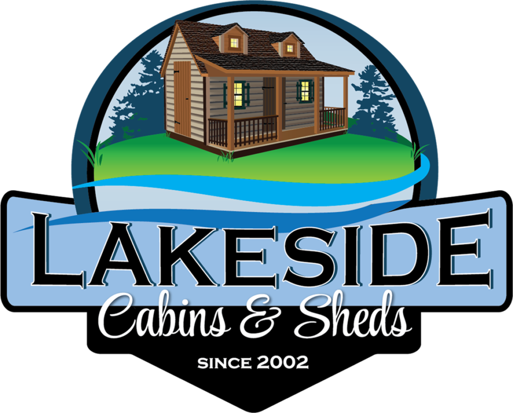 Lakeside Cabins & Sheds logo featuring a rustic cabin illustration, emphasizing Amish craftsmanship and custom-built designs.
