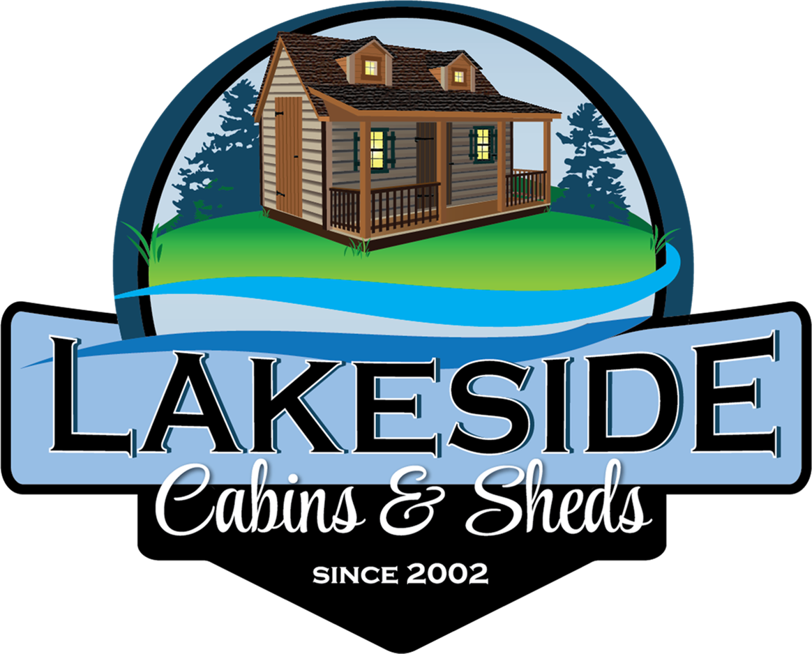Lakeside Cabins & Sheds logo featuring a rustic cabin illustration, emphasizing Amish craftsmanship and custom-built designs.