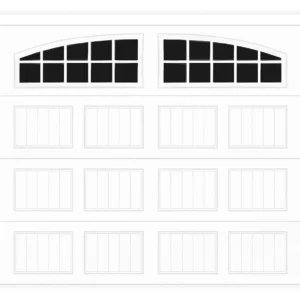 White garage door with arched windows, showcasing Amish craftsmanship and customizable design from Lakeside Cabins & Sheds.