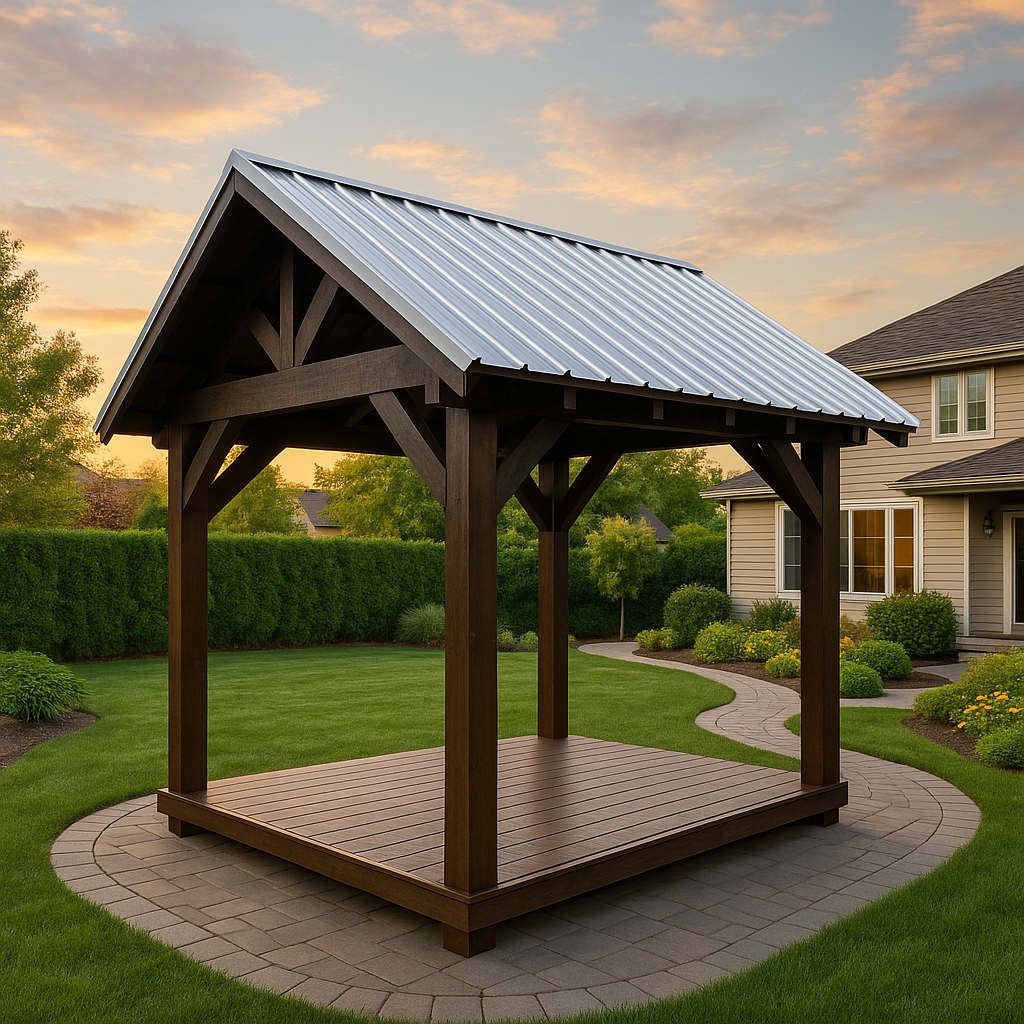 Amish-built wooden gazebo with metal roof in a landscaped backyard, showcasing customizable outdoor structures from Lakesi...